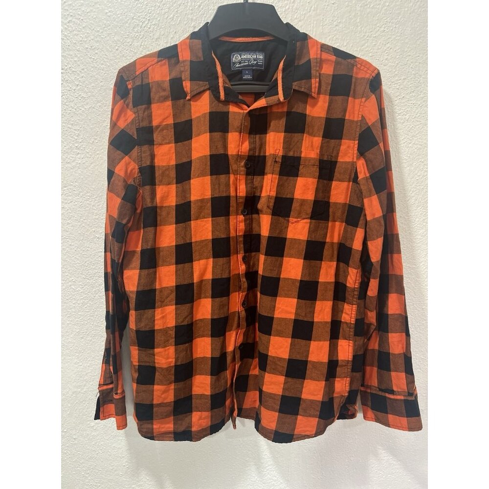 American Rag Button Down Shirt Long Sleeve Men's Large L Black Orange‎